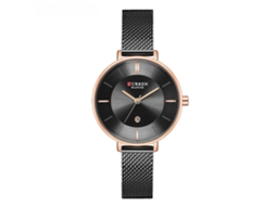 Relógio de Pulso com Cinto de Malha de Calendário de Quartzo Analógico de Moda Feminina Rose Shell Preto