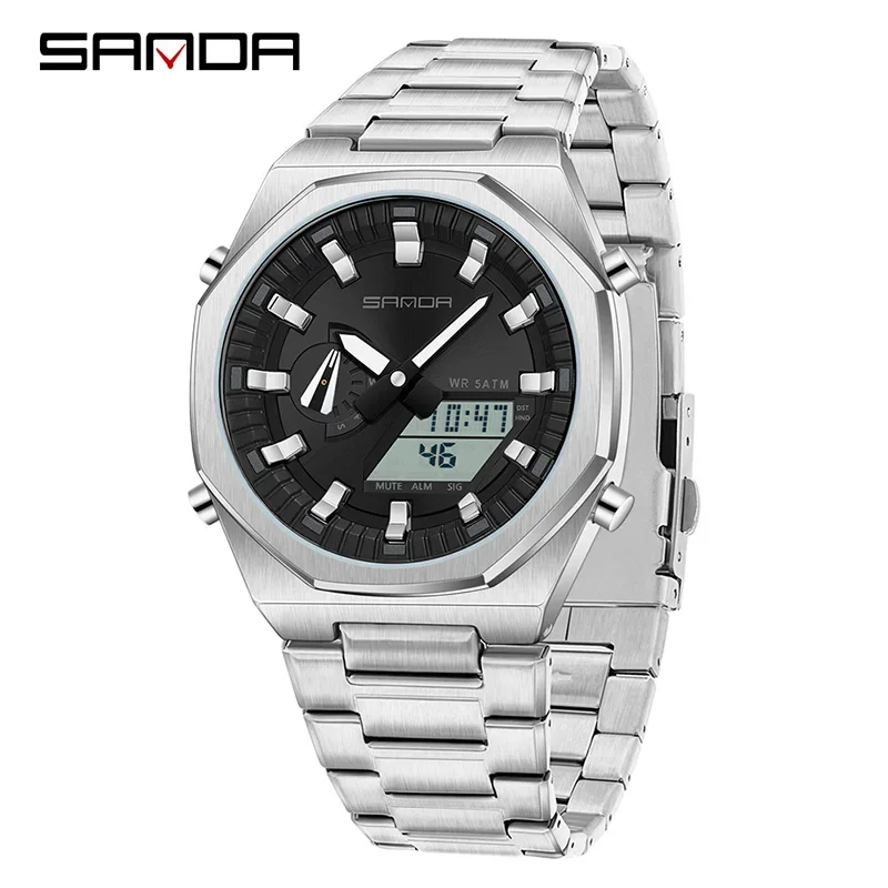 Relógio Digital Masculino Elegante , Despertador, À Prova D'água, Cronômetro, Aço Inoxidável, Visor Duplo. MDUG (prateado, Mostrador Preto)