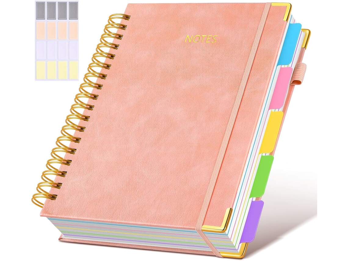 Caderno/ Diário Espiral, Capa de Couro, 5 Matérias, Pautado, Ideal para Trabalho, Escola e como Diário Feminino, nas Cores Preto e Rosa BRILVIBERA