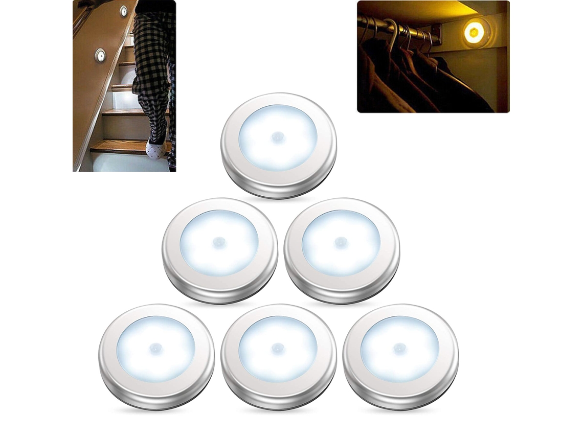 Kit com 6 Luzes de Led Sensor de Movimento, Alimentadas por Bateria, Ideais para Iluminação Noturna BRILVIBERA