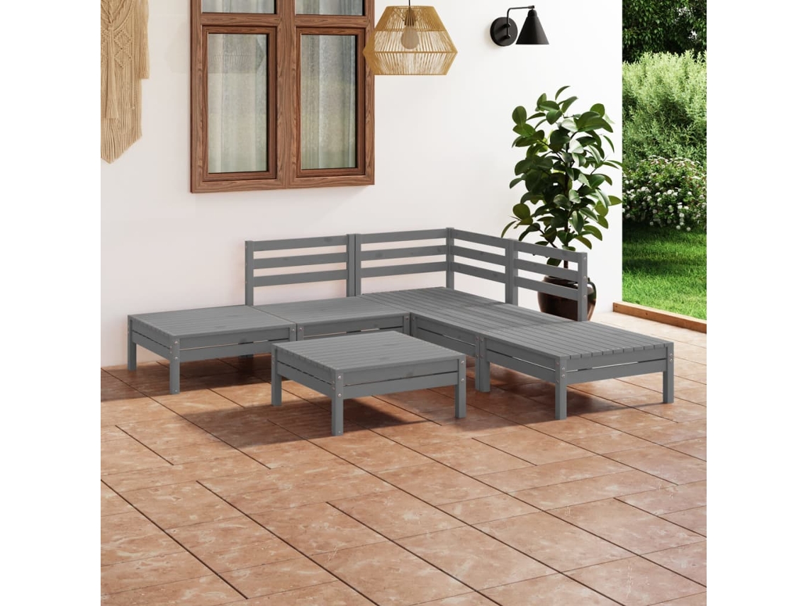 Conjunto 6 Peças Lounge De Jardim Pinho Maciço Cinza Dkd Home Decor