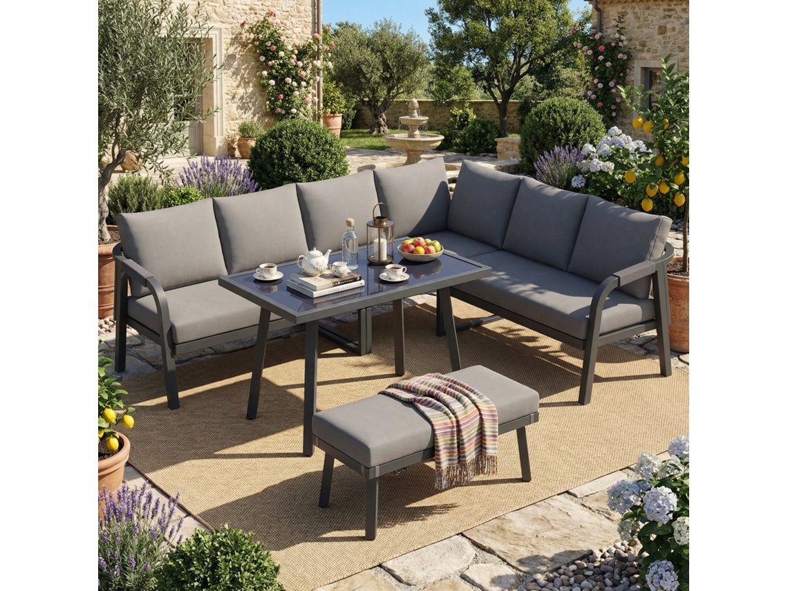 Conjunto Jantar Jardim 8 Pessoas Sofá Canto Mesa Banco Cinza VELTRIX