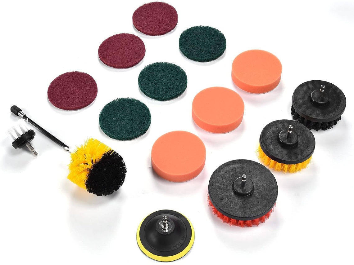 Conjunto De Acessórios Para Limpeza Furadeira, 16 Peças, Com Escovas De Nylon E Esponja, Haste De Conexão Rápida E