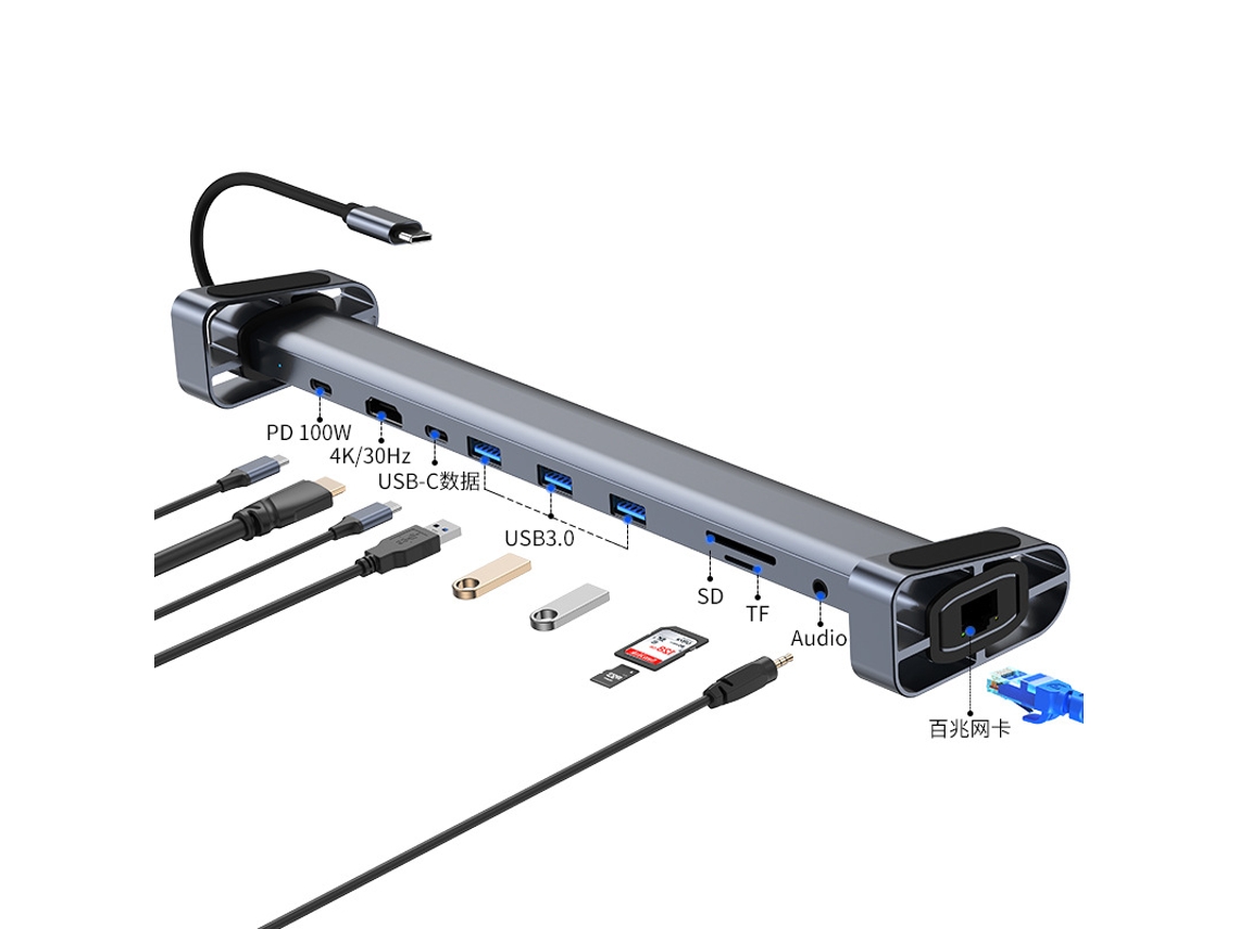 Estação De Ancoragem Bestvite 10 Em 1 Usb Aux Hd Vga Usb C 3.0 Compatível Com Hd Para Macbook Huawei Cinza