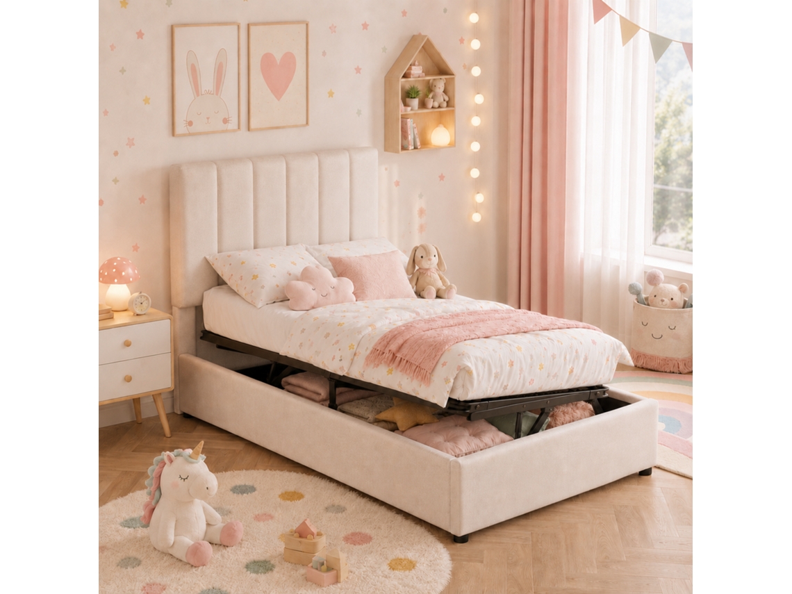 Cama Baú 90x200 Cm, Cama Criança Capitoné Com Cabeceira Ajustável, Cama Individual Com Arrumação Hidráulica, Base De Ripas, Bege Linho