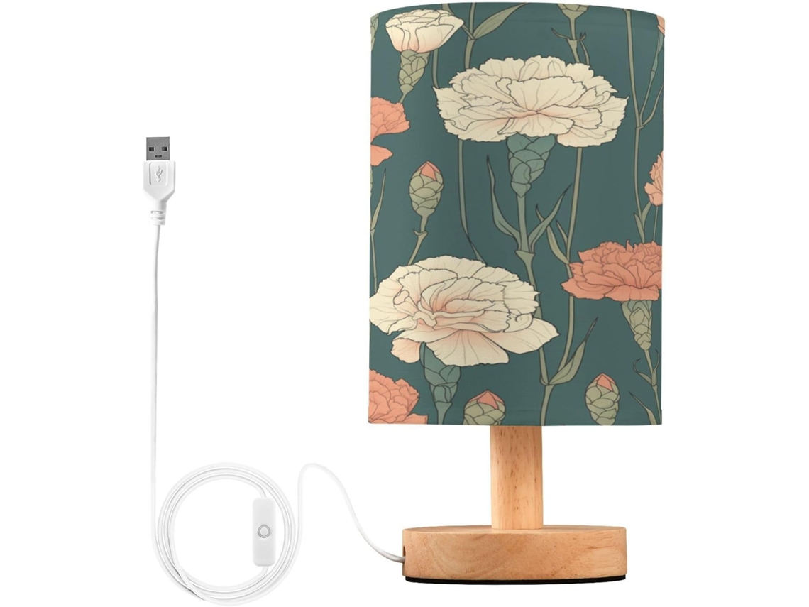 Abajur De Cabeceira Led Floral Vermelho E Branco Para Quarto, Luminária De Leitura Com Cúpula Tecido, Base De Madeira E