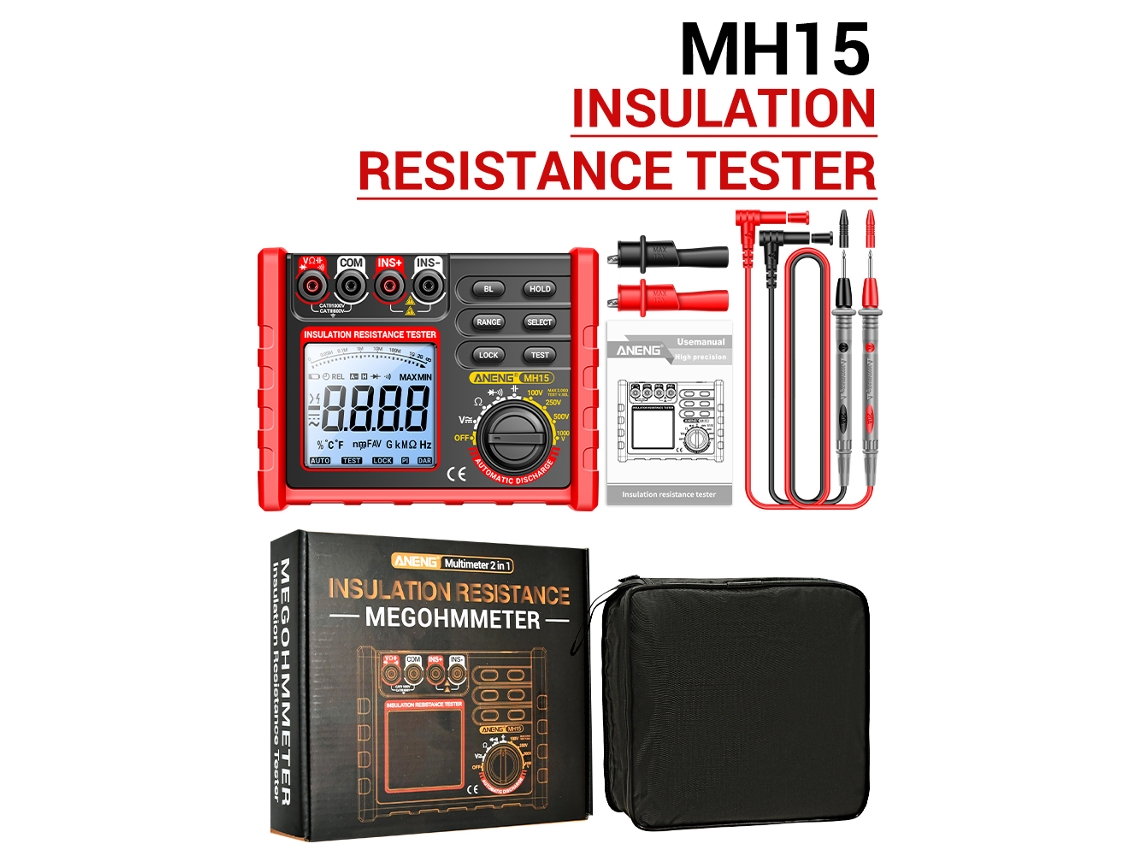 Testador De Resistência De Isolação Com Display Lcd 6000 Contagens 0.1mω~2000mω Tensão 100v/250v/500v/1000v Teste De Diodo