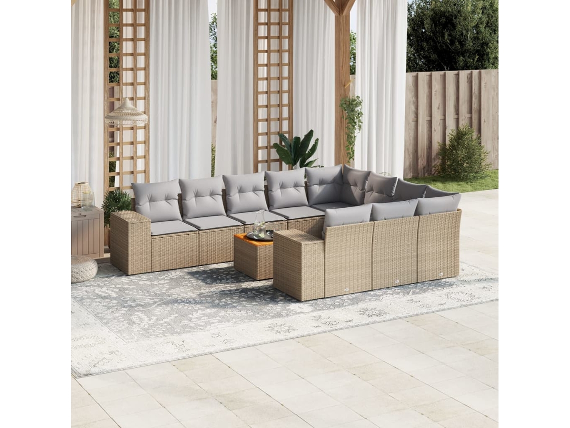 Vidaxl 11 Pcs Conjunto Sofás de Jardim C/ Almofadões Vime Pe Bege