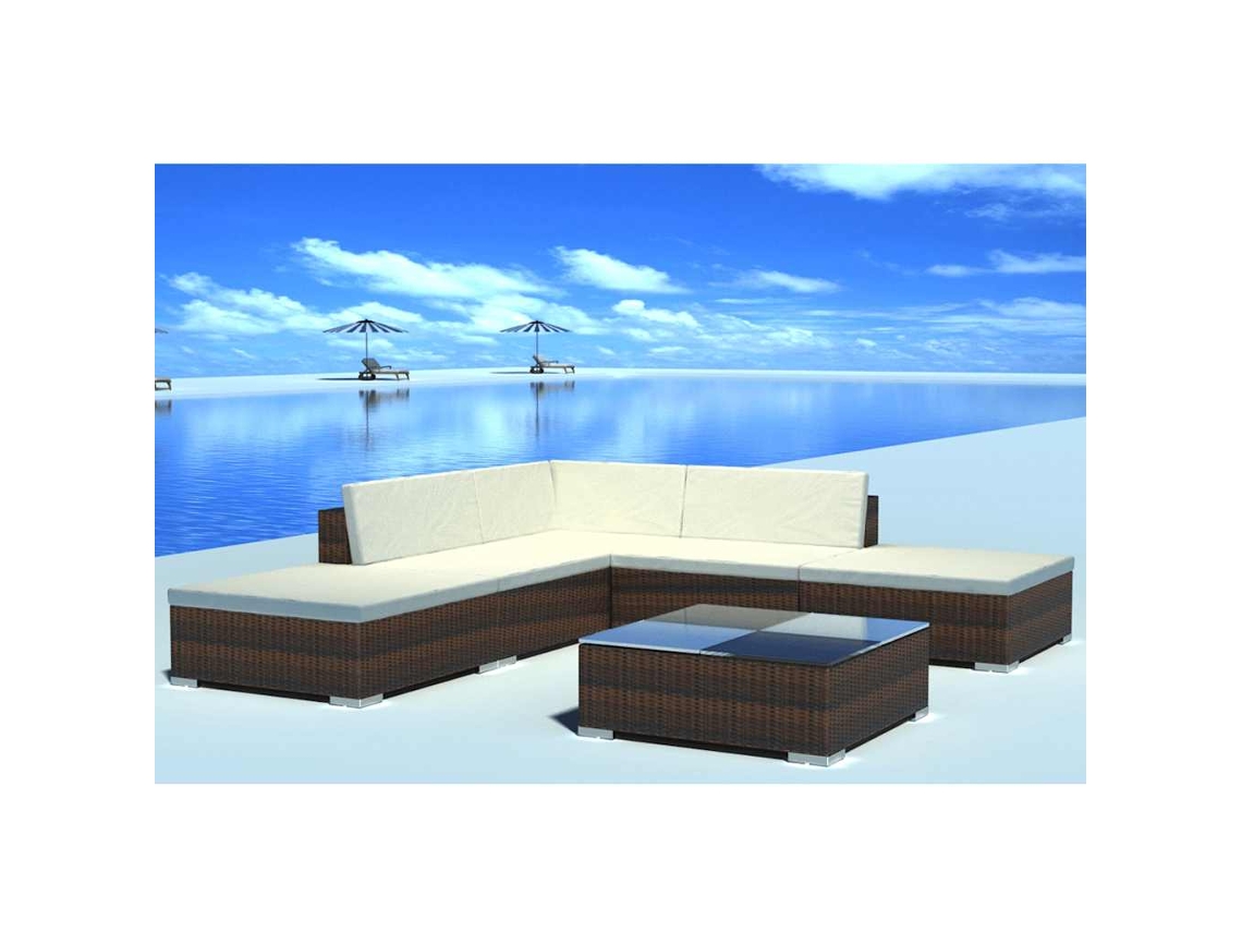 Vidaxl 6 Pcs Conjunto Lounge Jardim C/ Almofadões Vime Pe Castanho