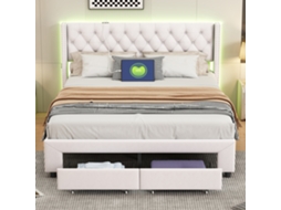 Cama Estofada De 180 X 200 Cm Com Iluminação Led, Porta Usb E 2 Gavetas Veludo Bege, Cama De Casal Com Espaço De Armazenamento E Bolsos Laterais.