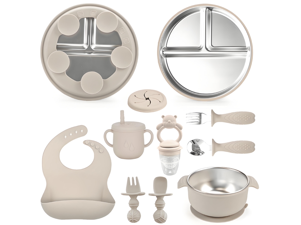 Conjunto de Talheres Bebé EIFSON 6+ Meses Prato Tigela Garfo Colher Silicone (bege)