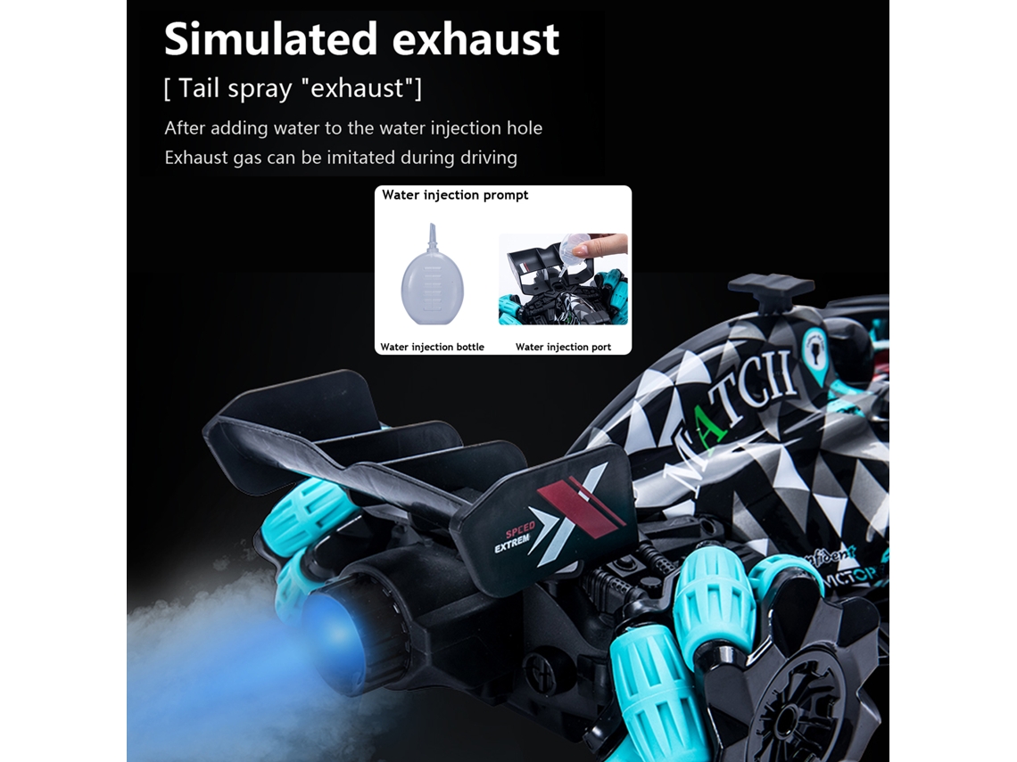 Mali carro de Stunt com Controle Remoto 2.4ghz 1/14 com Spray 360° Rotação Derrapagem Automática Modo Duplo Controle 2 Baterias