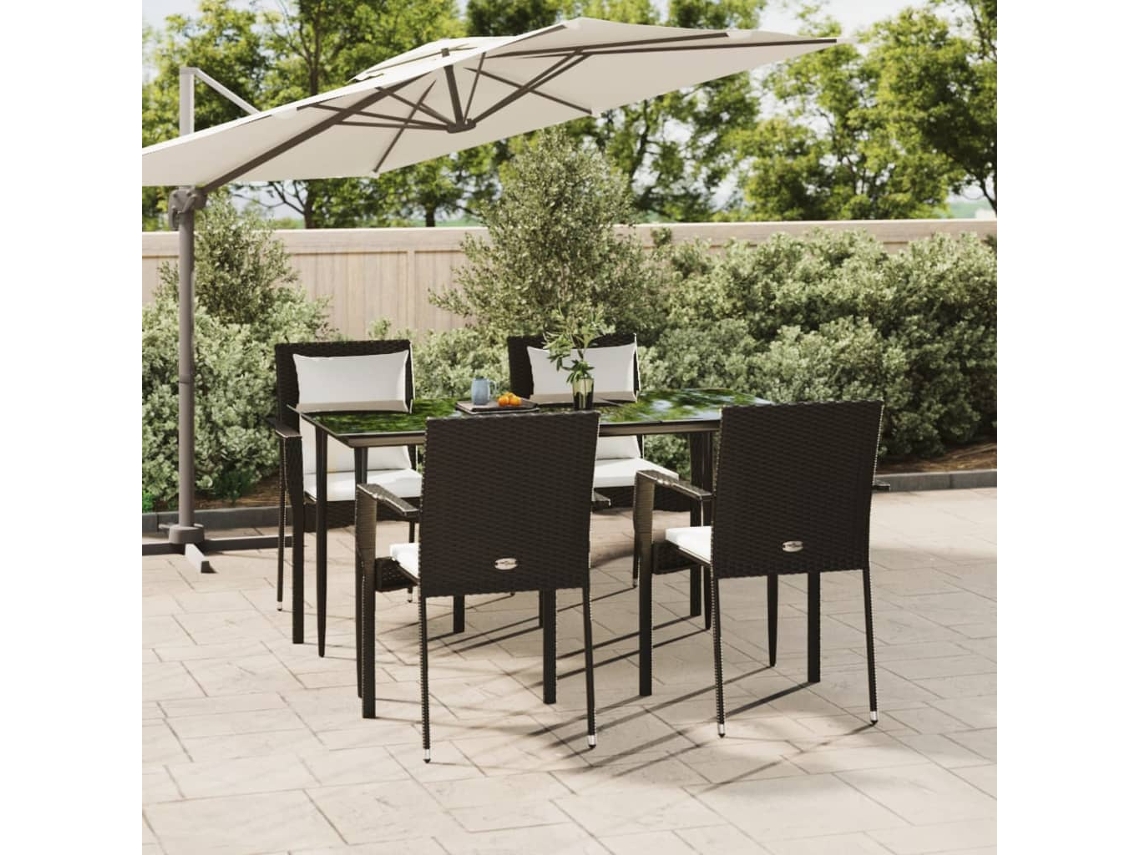 Vidaxl 5 Pcs Conjunto De Jantar P/ Jardim C/ Almofadões Vime Pe Preto