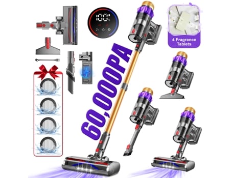 Aspirador de pó vertical sem fio, 60.000 Pa, 3 níveis de sucção, visor LED, 70 minutos de autonomia e pastilhas de fragrância que perfumam sua casa. Adormii