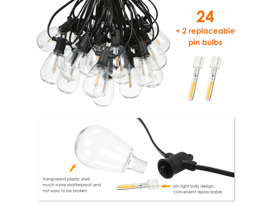 Cordão de luzes LED Tomshine 2026, 15,2 m/50 pés, 24 lâmpadas S14, à prova de choque, IP65 à prova d'água, para decoração de festas em jardins, ambientes internos e externos.
