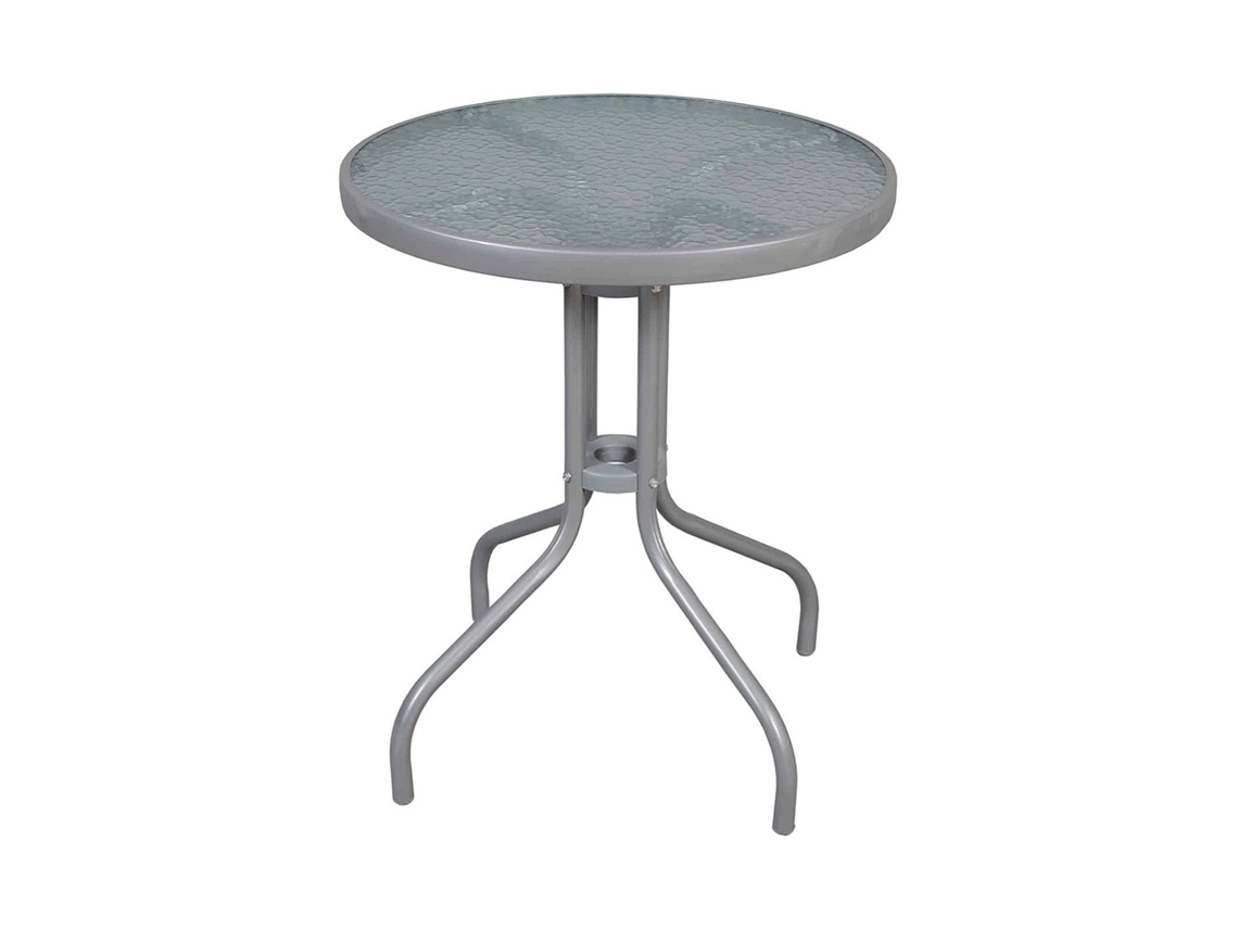 Mesa De Cristal Redonda Con Base Metálica | Ideal Para Terraza, Jardín O Balcón | 60x70cm Gris