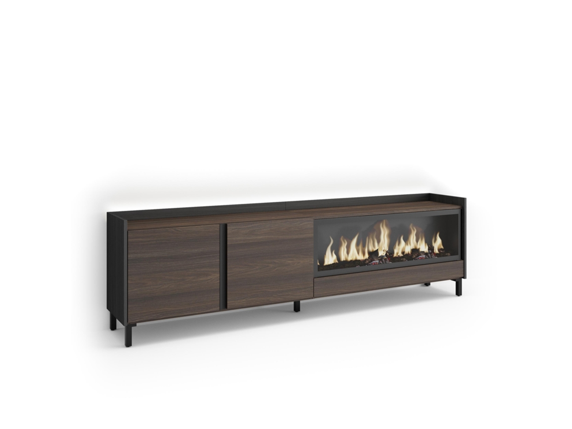 Móvel De Tv, 212x35x61cm, Para Televisores Até 80", Lareira Eléctrica Xxl, Design Industrial, Led, Carvalho Escuro E Preto