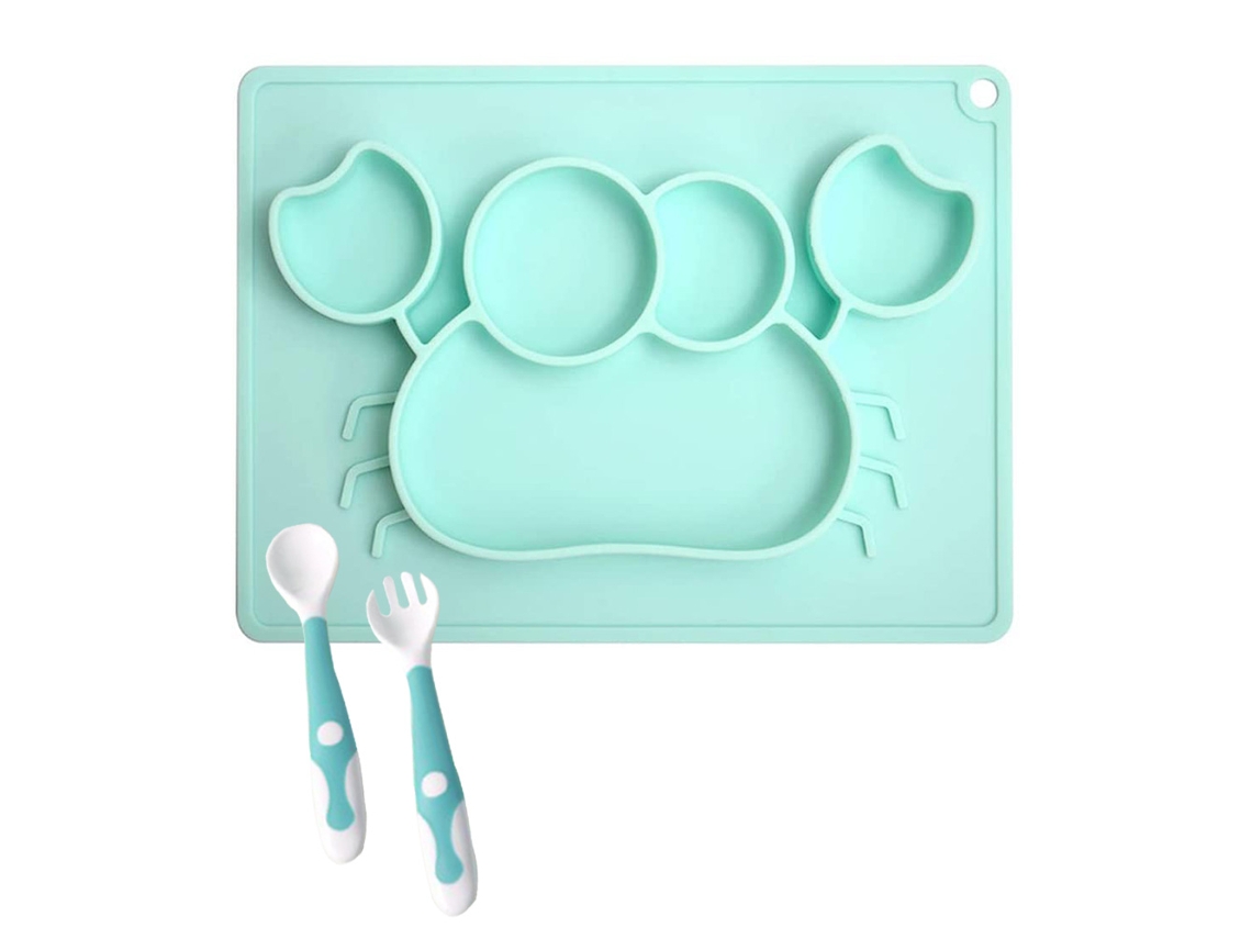 Prato de Comedouro para Bebês com Conjunto de Garfo e Colher Jogo Americano Antiderrapante de Silicone com Ventosa para Crianças Pequenas Sem Bpa