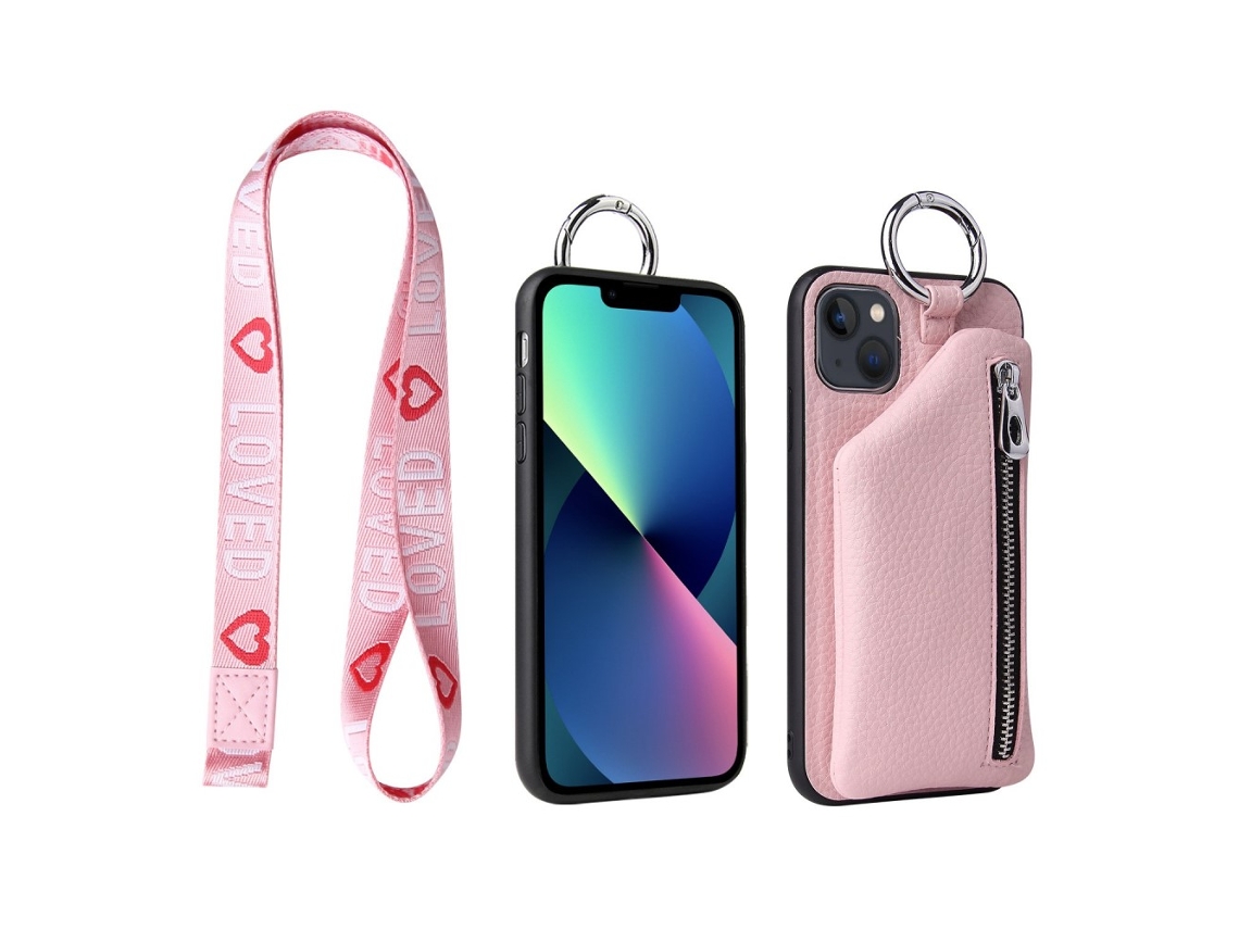 Capa Com Cordão Inch Para Iphone 13 Pele Sintética Rosa