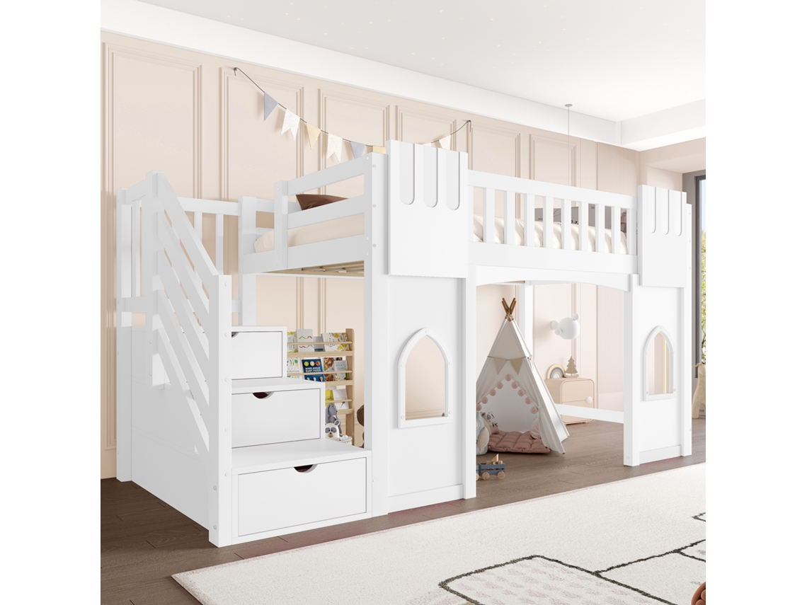 Cama Elevada 90x200 Cm, Escada-armário E Janela, Branca