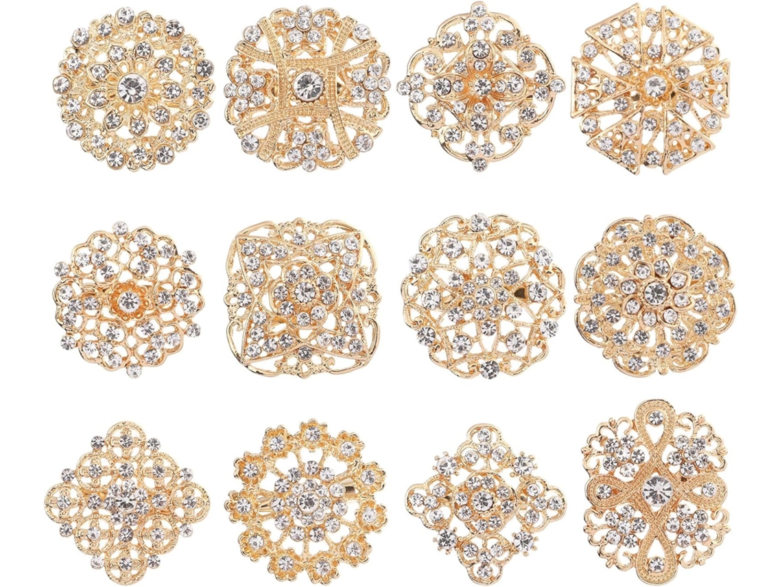Conjunto De 12 Broches Em Liga De Ouro Com Grandes Cristais Transparentes.
