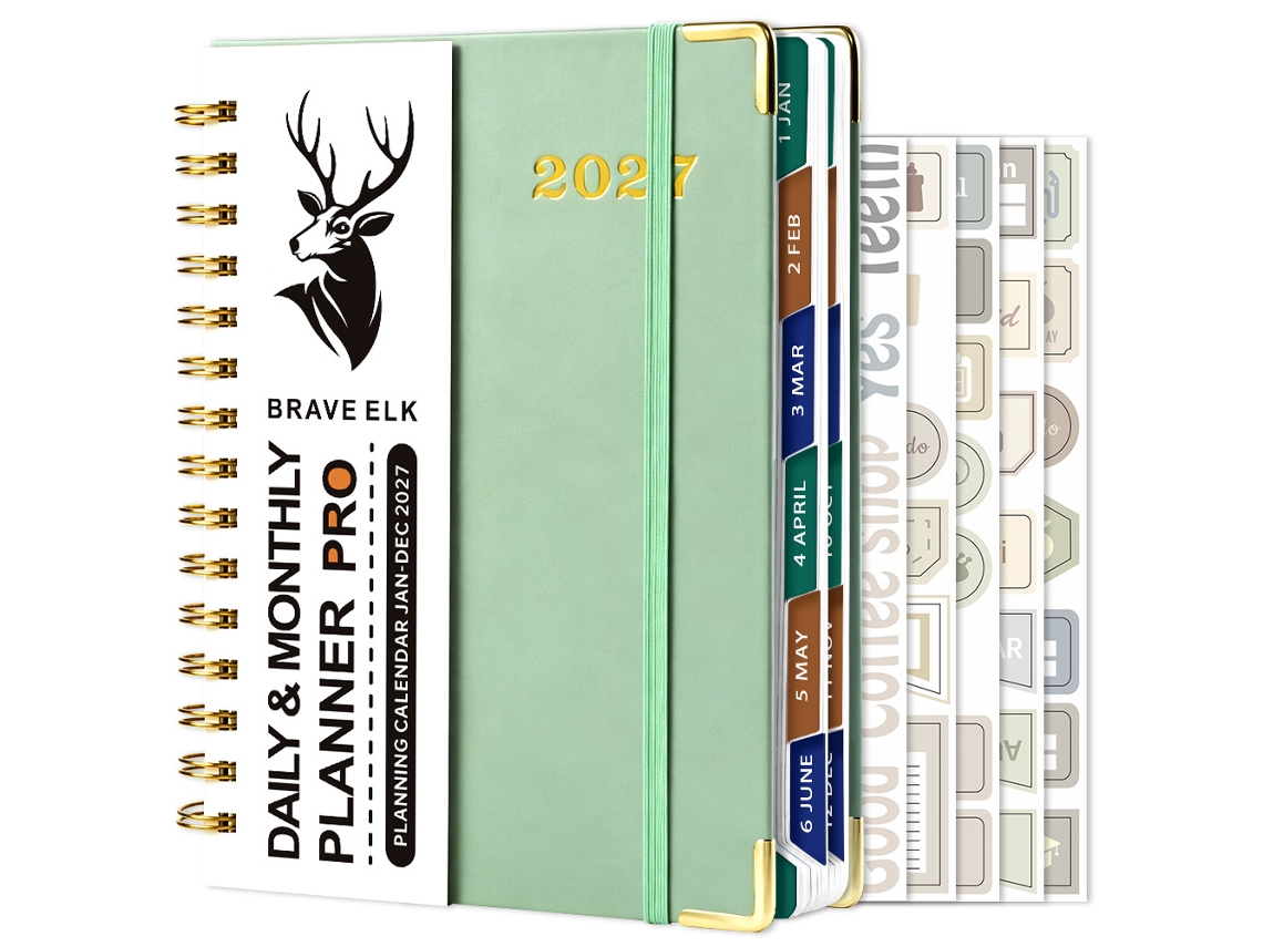 2027-english Daily Planner, A5 Spiral Bound Notebook, Green, 160-sheets With Stickers And 5-budget Pages