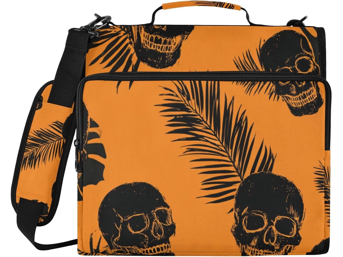 Pasta Boho Skulls com 3 argolas, data, alça de ombro e alça transversal, diversas bolsas, organizador escolar e de mesa