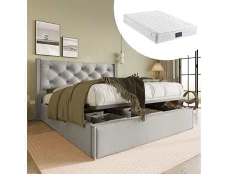 Cama Box Casal Hidráulica 160x200cm Com Armazenamento, Estrutura Em Metal E Colchão Incluso, Cinza Claro - Moderna E Confortável