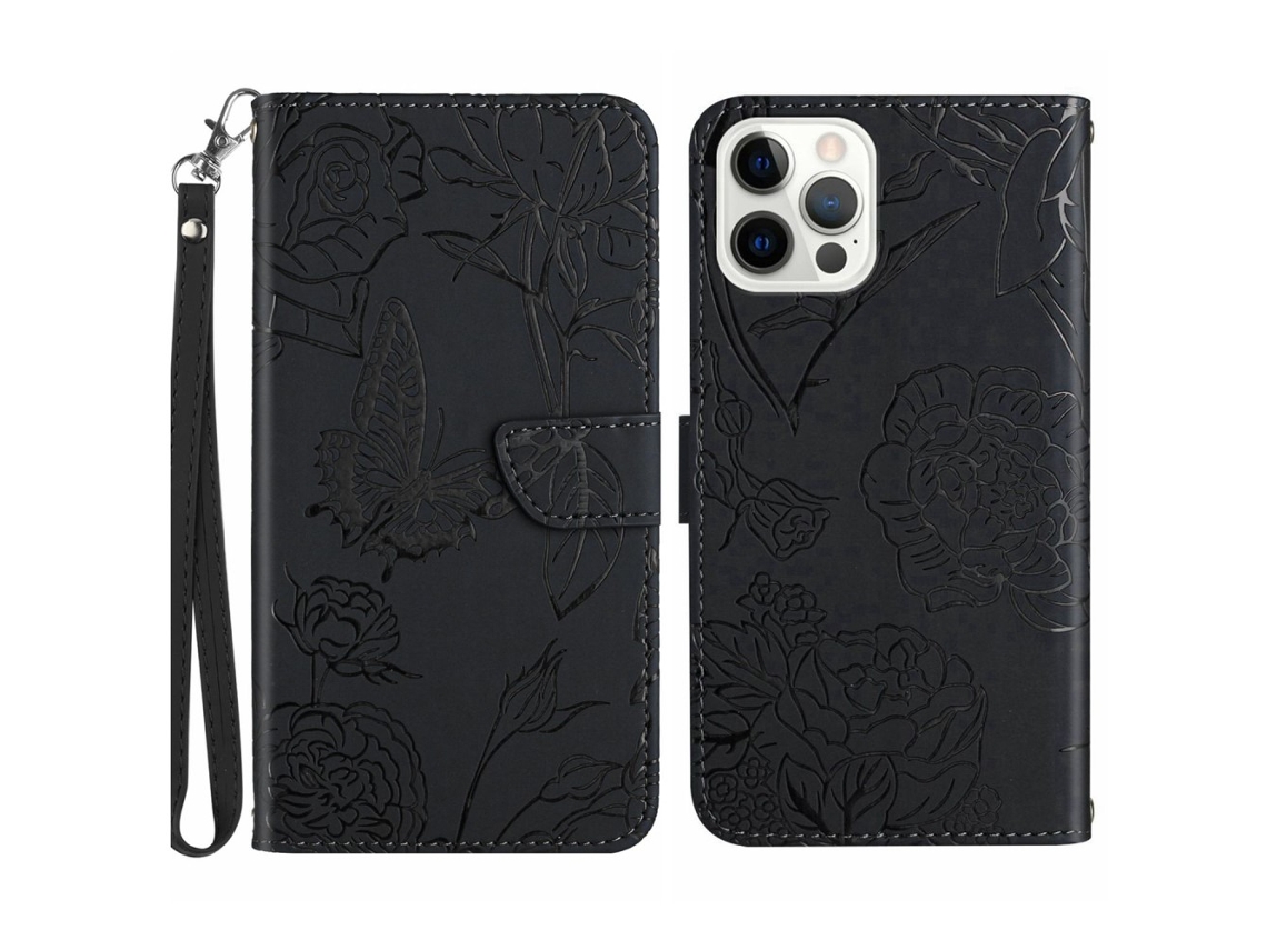 Capa Em Couro Pu Padrão De Flor E Borboleta Para Iphone 16 Pro Max - Preto