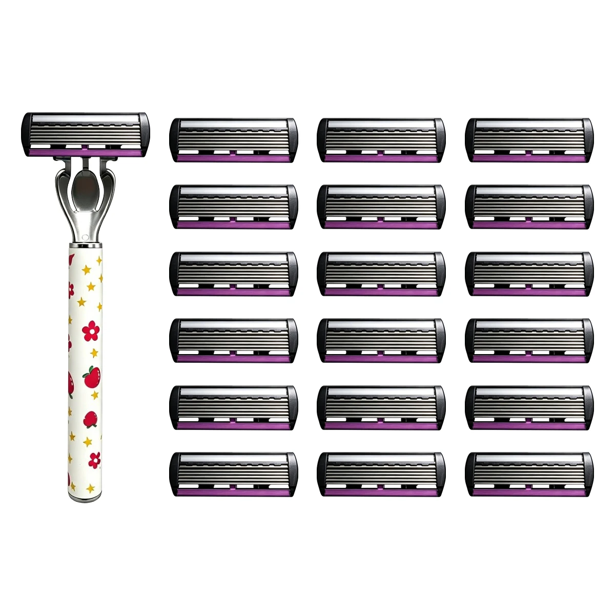 Aparelho De Barbear Manual Com Padrão De Morango, 6 Lâminas De Precisão E Cabeça Substituível.