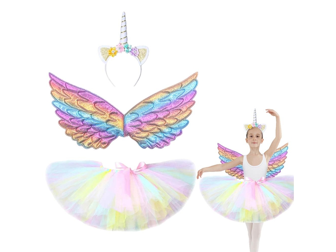 Primerox conjunto Fantasia Princesa Menina Saia Tule Asa Tiara Festa Natal Halloween Cosplay