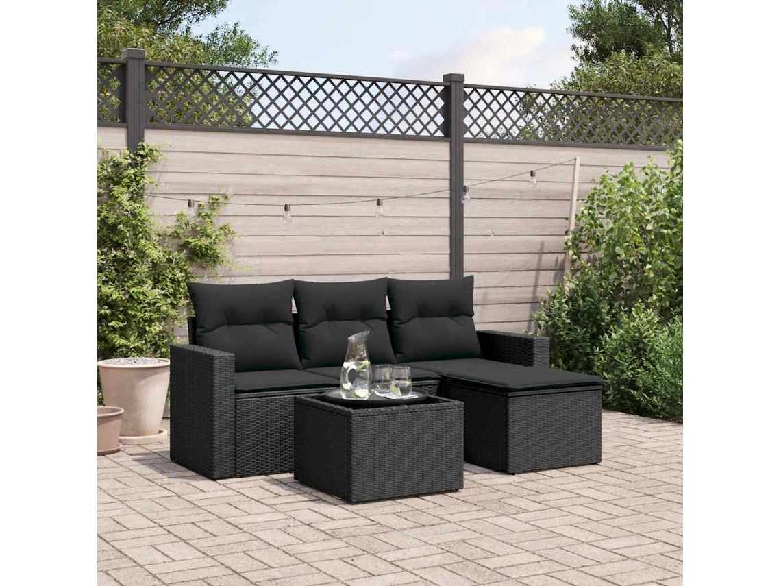 Vidaxl 5 Pcs Conjunto Sofás De Jardim Com Almofadões Vime Pe Preto