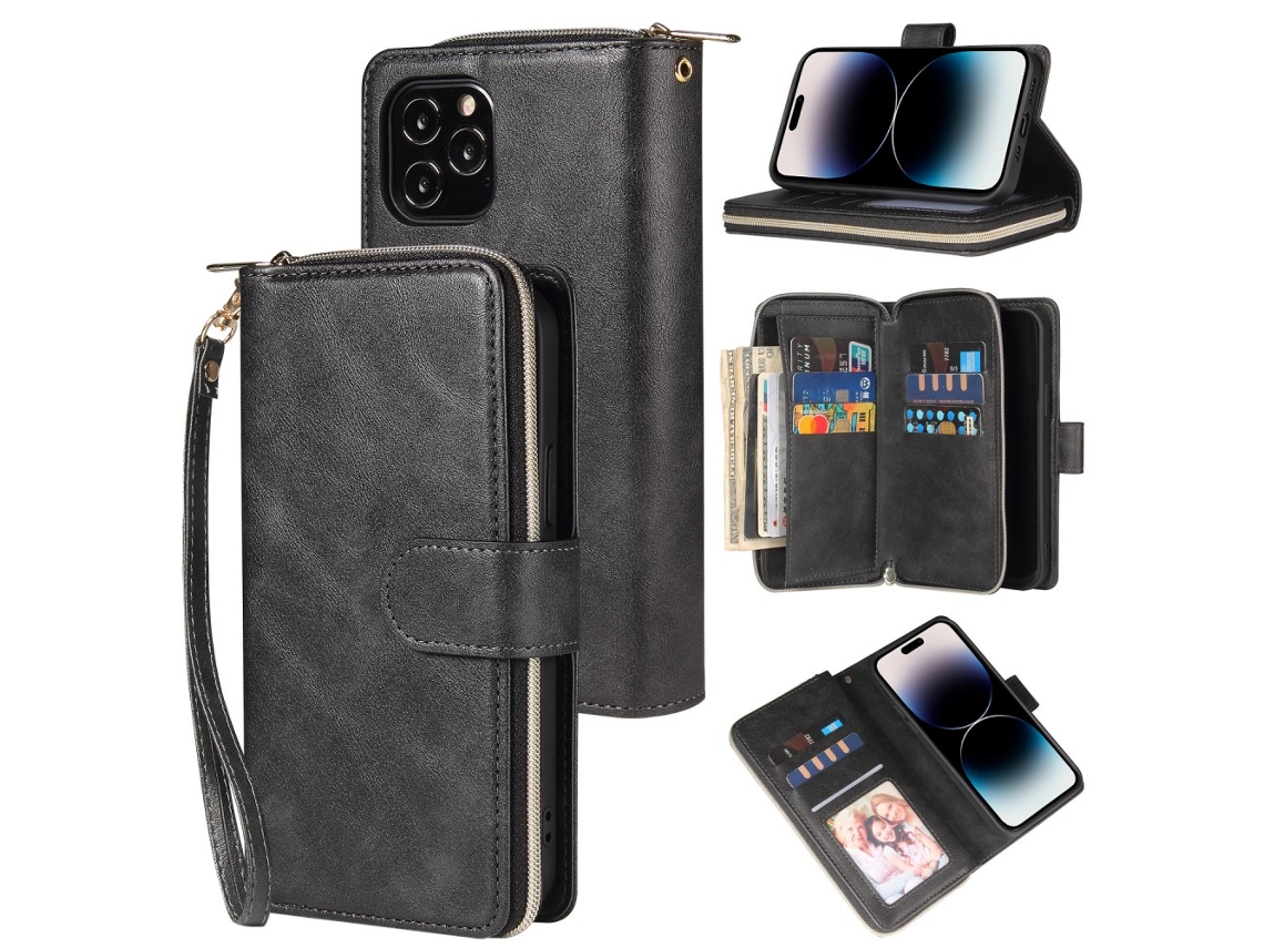 Capa Pega Para Iphone 15 Pele Sintética Anti-riscos Com Porta-cartões Preto