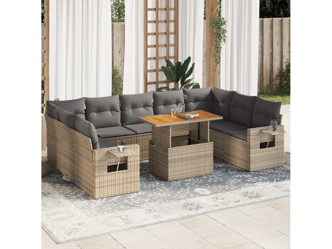 Vidaxl 10 Pcs Conjunto De Sofás P/ Jardim Com Almofadões Vime Pe Bege