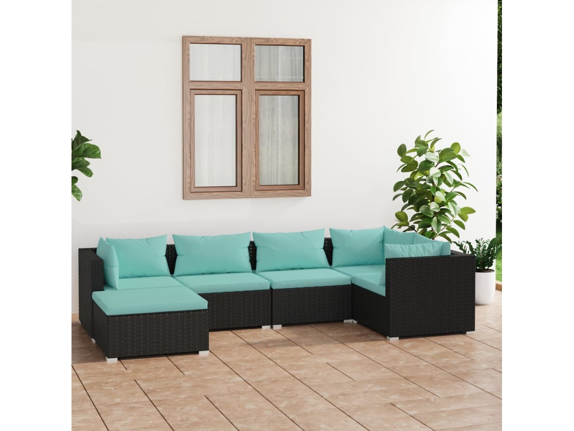 Vidaxl 6 Pcs Conjunto Lounge De Jardim C/ Almofadões Vime Pe Preto