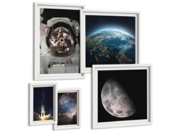 Composição De Quadros Espaço, Terra, Foguete, Galáxia Moldura Branca Fotos Para O Escritório Espelharte (conjunto De 5 Imagens)