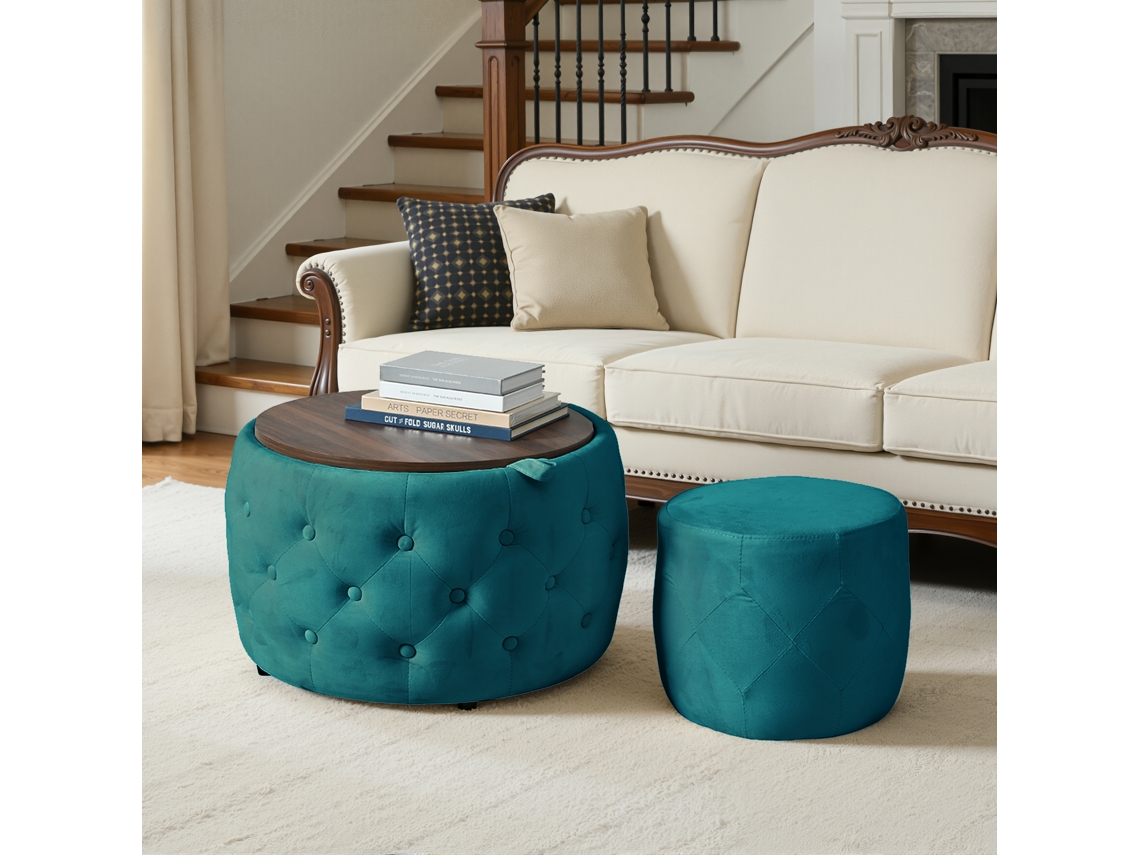 2 Banquetas Empilháveis com Veludo, 4em1, Armazenamento, Prateleira Azul 58x58x38cm | VELTRIX