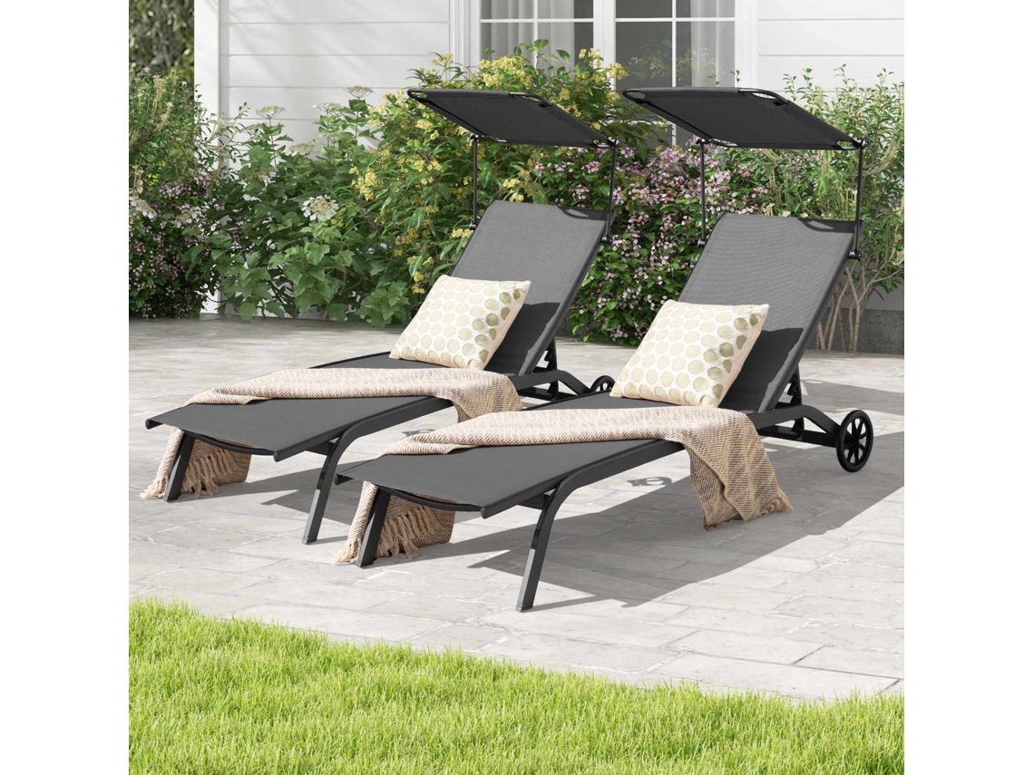 Conjunto Com 2 Espreguiçadeiras Externas Reclináveis Com Cobertura E Rodas, Cinza