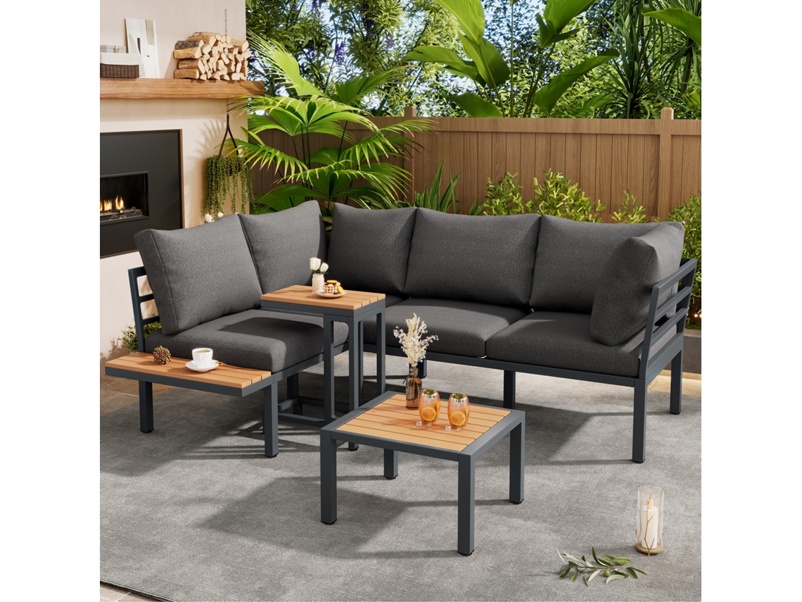 Conjunto Móveis Jardim Sofá Mesa Lateral Aço Madeira Sintética VELTRIX