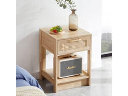 Mesa auxiliar 55x40x30cm com gaveta e pés em madeira maciça, moderna, sala de estar e quarto, natural, NOVELA