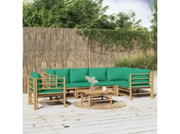 Vidaxl 7 Pcs Conjunto Lounge De Jardim Bambu C/ Almofadões Verdes
