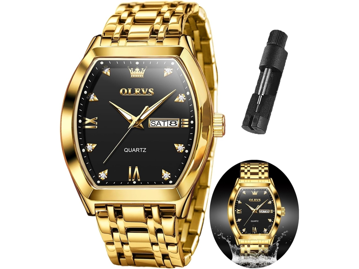 Lurelia Relógio Masculino, Movimento De Quartzo, Luminoso, Detalhes Com Strass, Aço Inoxidável, Resistente À Água 30m, Preto, Dourado