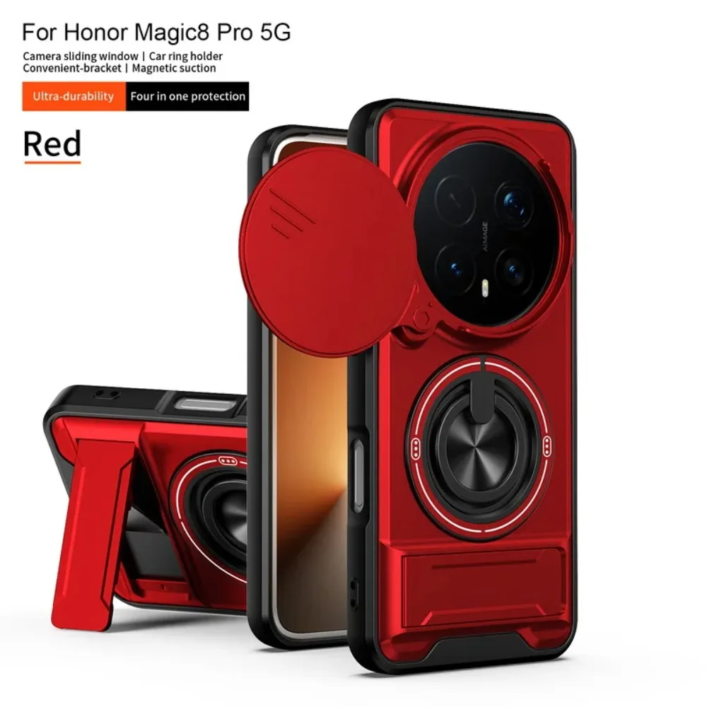 (vermelho, Honor Magic6 Lite) Capa Protetora 2 Em 1 Com Suporte Magnético Em Anel E Tampa Deslizante Para A Lente.