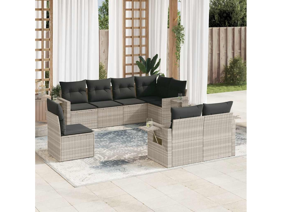 Vidaxl 8 Pcs Conj. Sofás Jardim C/ Almofadões Vime Pe Cinzento-claro
