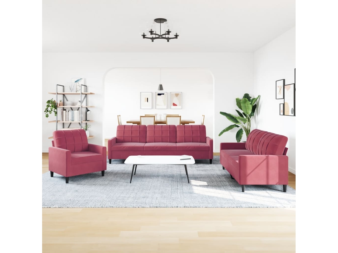 3 Pcs Conjunto de Sofás com Almofadões Veludo Vermelho Tinto SYFAX