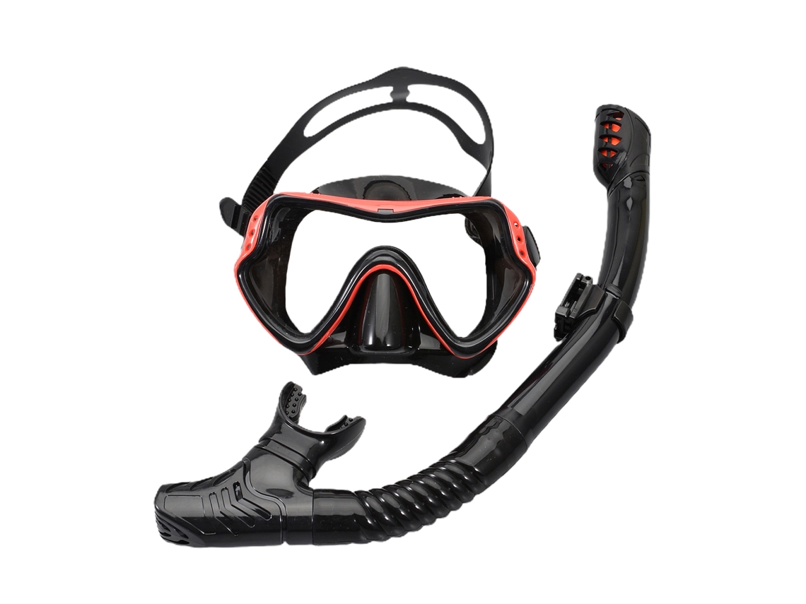 Máscara De Mergulho Com Vidro Temperado E Snorkel Seco, Conjunto Todo Preto Com Aro Vermelho, Vista Hd 180°, Antivazamento