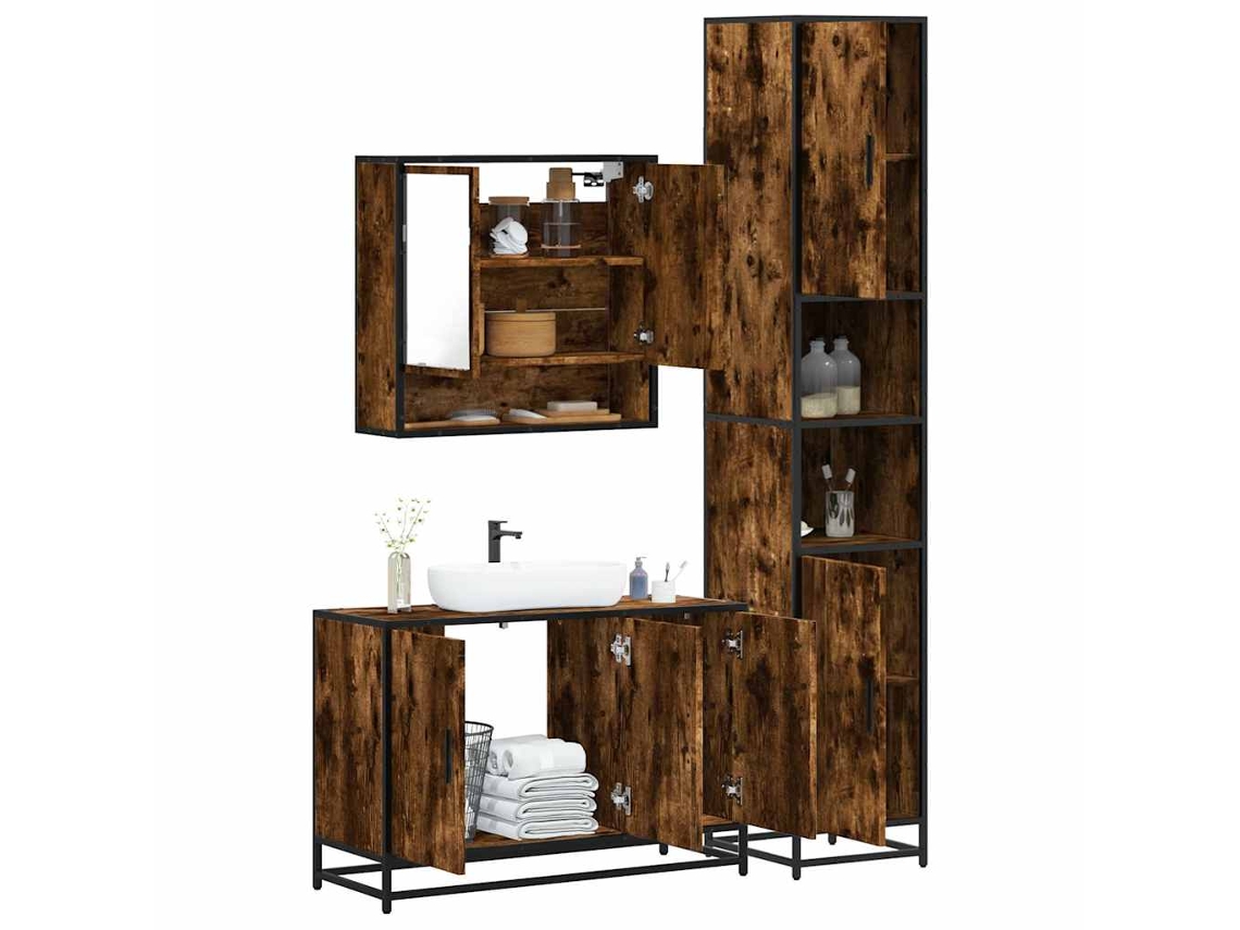 Vidaxl 3 Pcs Conjunto De Móveis Wc Madeira Processada Carvalho Fumado