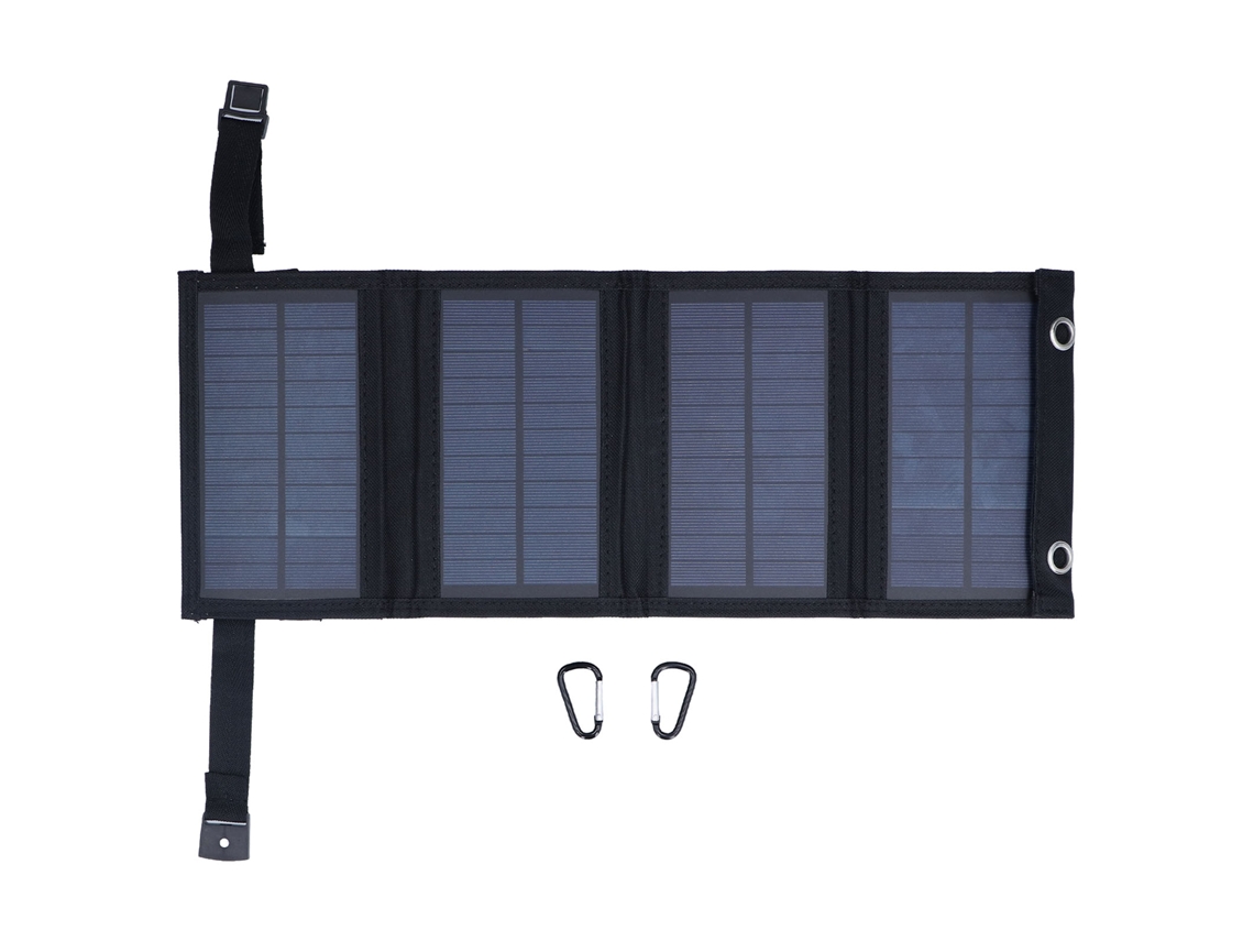 Carregador solar de 6 W, com alta eficiência de conversão e dupla portabilidade.