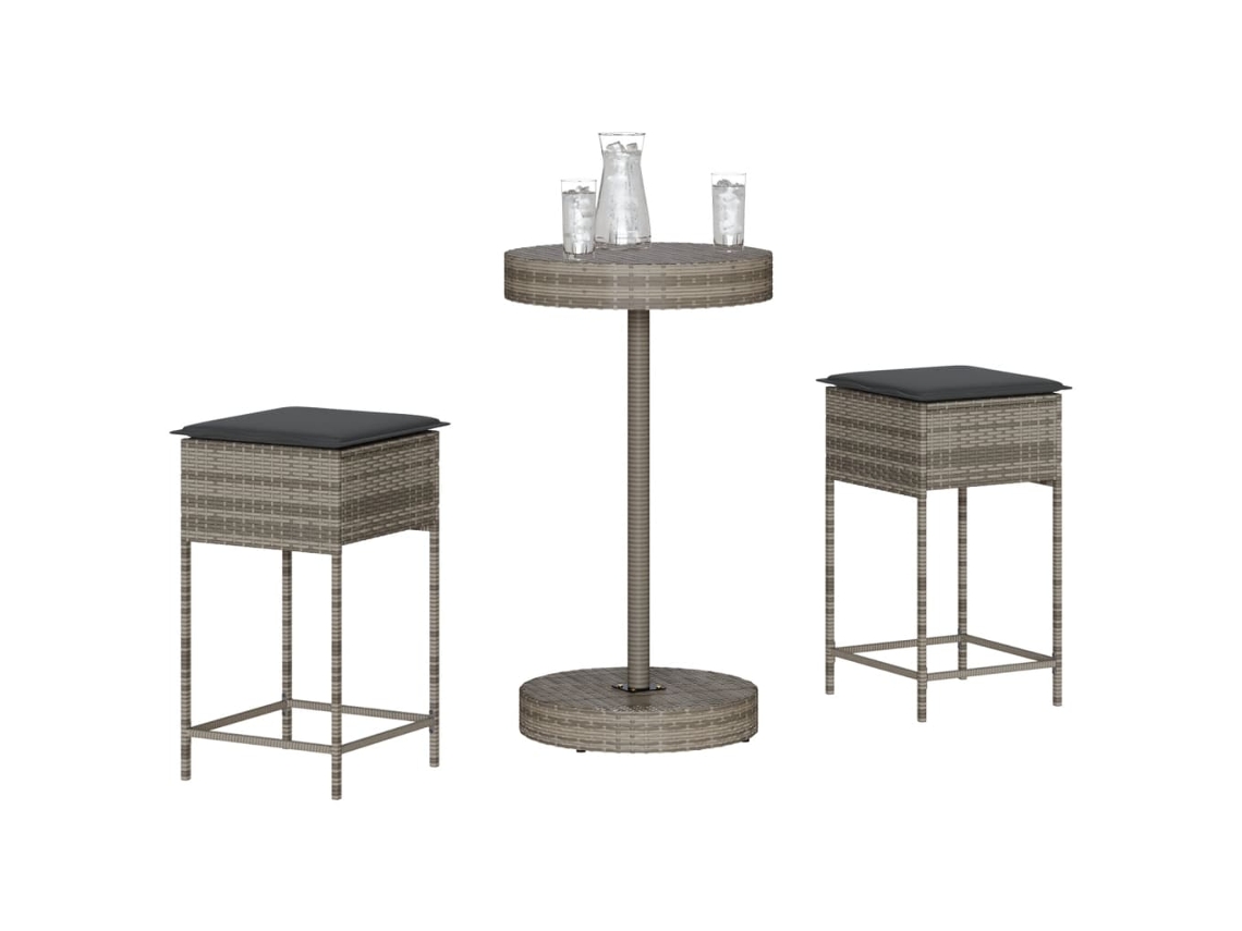 Vidaxl 3 Pcs Conjunto De Bar P/ Jardim C/ Almofadões Vime Pe Cinzento