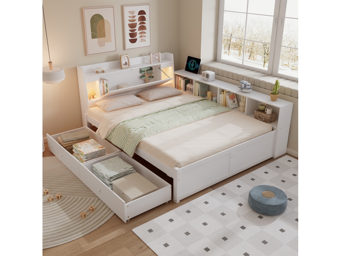 Cama Casal Branca 140x200cm Com Estantes Lâmpadas Tomada Gavetas